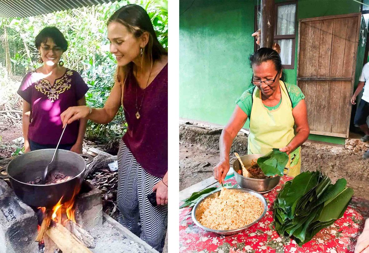 Left: Intrepid travelers participate in cooking at a Terraraba village. Right: Eulalia Villanueva, a 70-year-old Terraba matriarch prepares food.