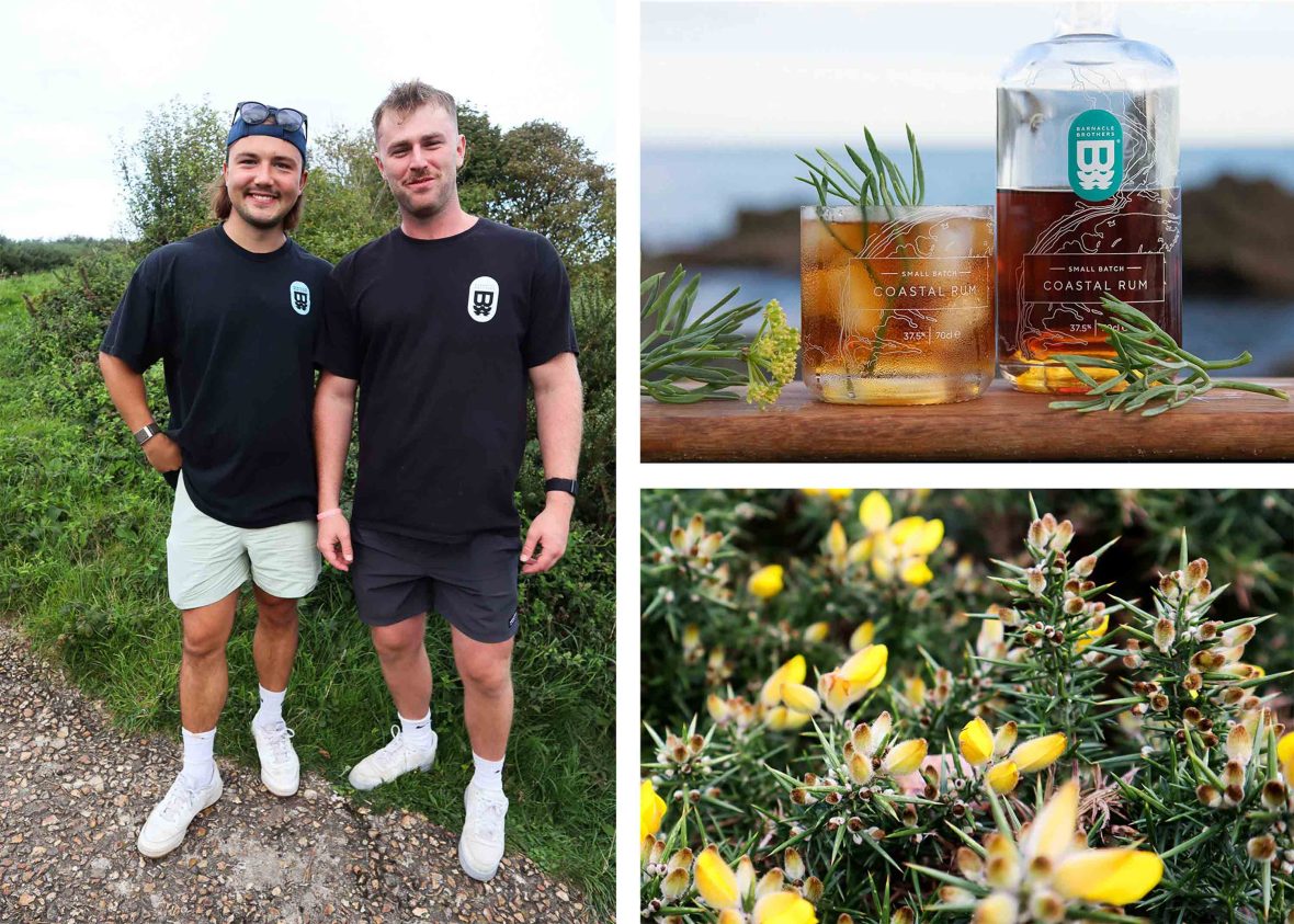 A collage showing the two Barnacle Brothers smiling to camera, a green and yellow plant, and a bottle of alcohol with two filled glasses and garnish.